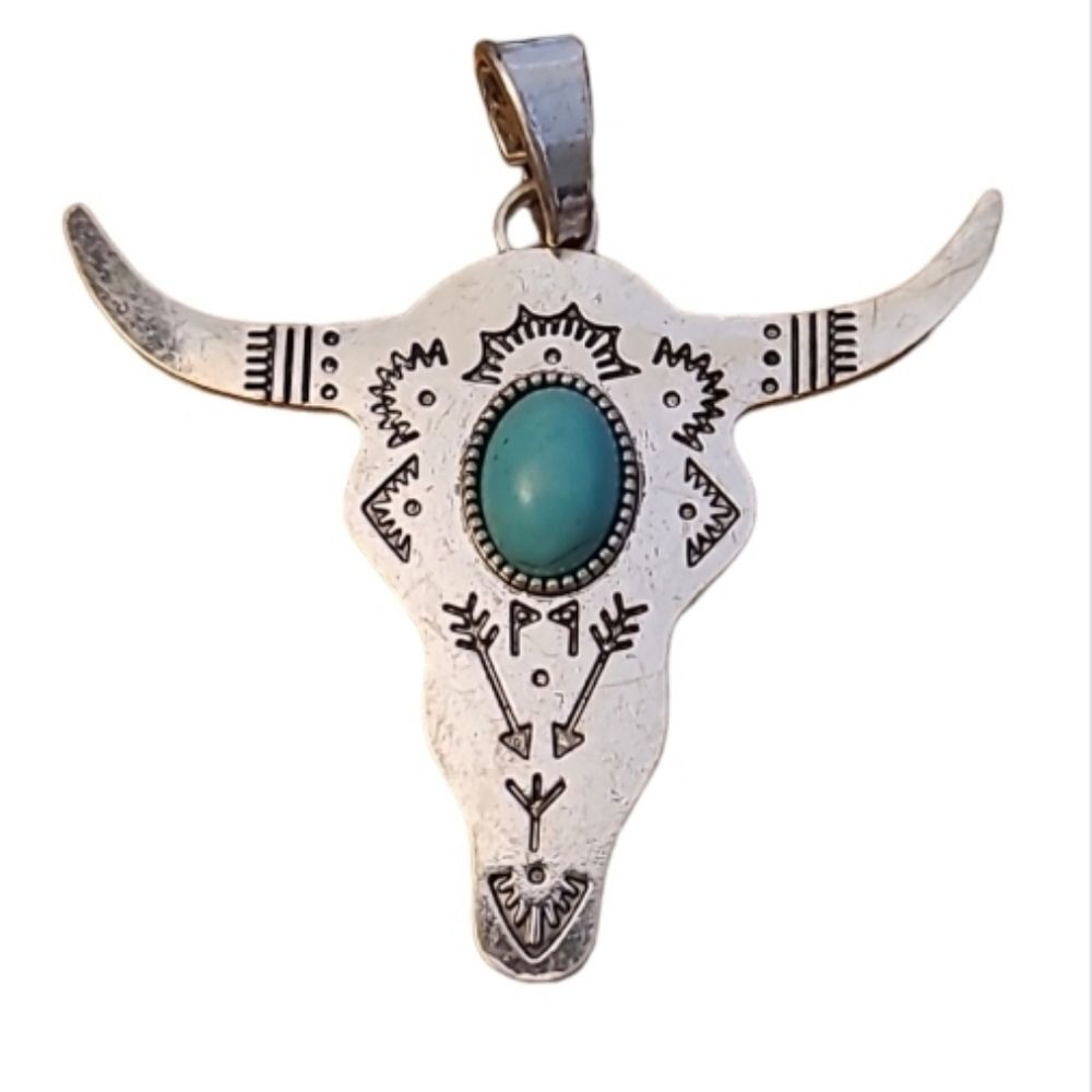 NECKLACE PENDANT BULL HORN STEER WESTERN SILVER TURQUOISE STONE NATIVE